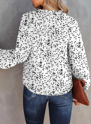 Vista 4 de Dokotoo - Camisetas de gasa para mujer, manga larga con fruncidos, cuello en V, estampado floral, blusa tipo Alicia, estilo informal y bohemio