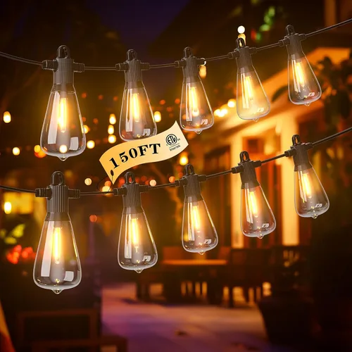 Vista 15 de Guirnalda de luces LED para exteriores, 25 pies, impermeables, para patio, con 12+1 bombillas Edison ST38 inastillables, luz colgante blanca cálida