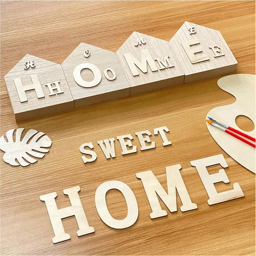 Vista 4 de Bloques en forma de casa de madera sin terminar de 6 pulgadas, 4 piezas para manualidades, casa de madera en blanco, letrero conmemorativo