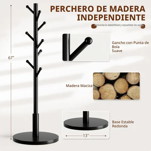 Vista 4 de Perchero de madera independiente con 8 ganchos de punta redonda, 3 alturas ajustables para entrada, dormitorio, pasillo, oficina (negro)