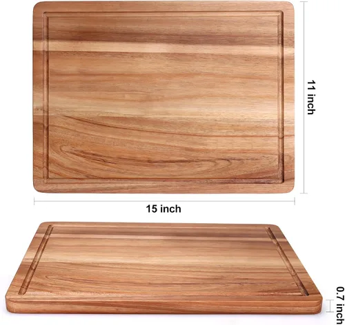 Vista 7 de Tabla de cortar de madera de acacia para cocina, tabla de cortar de madera con mango lateral y ranura para jugo, tabla de tallar de 15 x 11