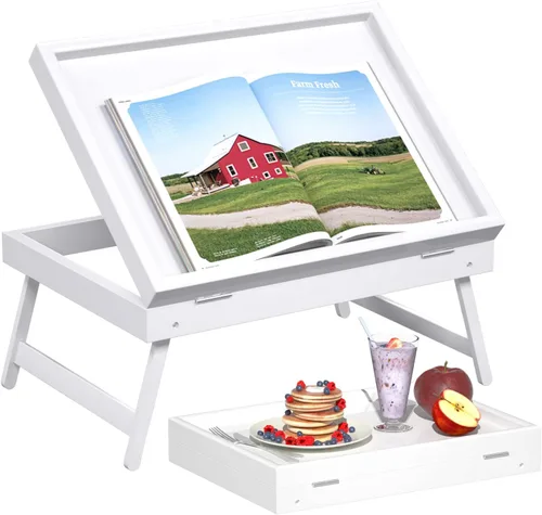 Vista 9 de Bandeja de cama para desayuno, bandeja de comida con patas plegables, bandeja de cocina para escritorios de regazo, portátil, computadora, sofá