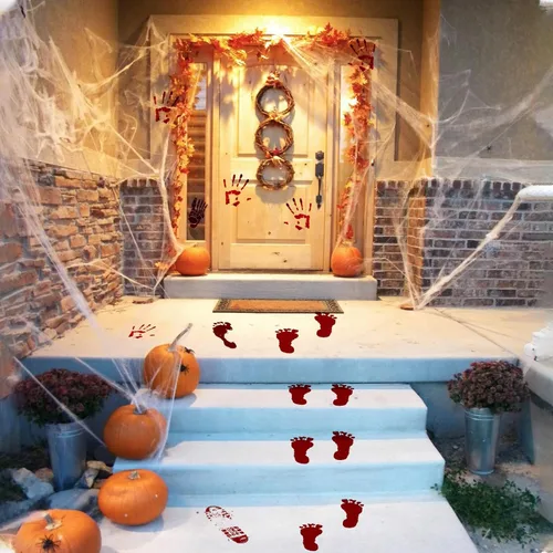 Vista 7 de Calcomanías de suelo con huella de mano sangrienta, calcomanías de pared de tamaño real, decoraciones de ventana de Halloween aterradoras