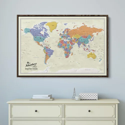 Vista 2 de Lienzo - Mapa de viaje personalizado del mundo Tan Oceans con chinchetas y marco blanco texturizado