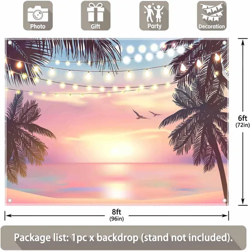 Vista 3 de ZTHMOE Telón de fondo de fotografía de verano rosa con puesta de sol de 8 x 6 pies, fondo de playa hawaiana Luau, decoración de fiesta de Aloha Tiki