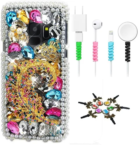 Vista 4 de Sparkle - Funda compatible con Samsung Galaxy Note 10, elegante funda 3D hecha a mano con diseño de borla de calavera con protector de cable