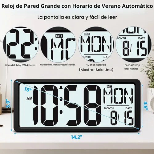 Vista 5 de XREXS Reloj de pared digital grande, funciona con pilas y retroiluminación Negro