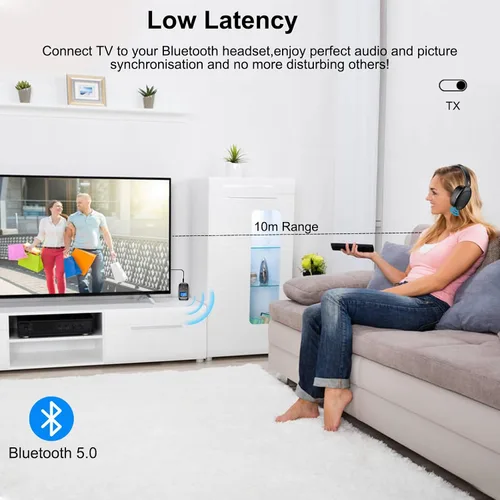 Vista 2 de Receptor transmisor Bluetooth 5.0 para TV a auriculares inalámbricos, adaptador Bluetooth para TV/vuelo de viaje, aerolínea, gimnasio, micrófono