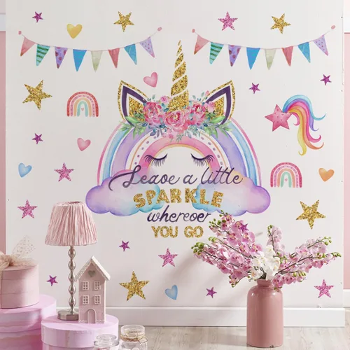 Vista 5 de Runtoo Calcomanías de pared de unicornio rosa arcoíris para niñas, dormitorio, bebé, guardería, habitación de niños, decoración de fiesta de 2