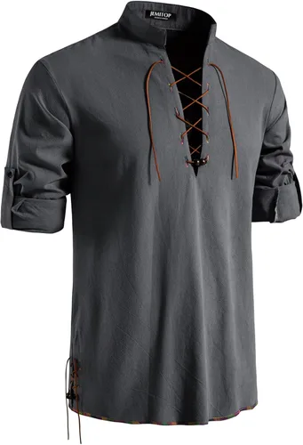 Vista 61 de JEMITOP Men's Pure Cotton Renaissance Lace Up Shirt Verde militar