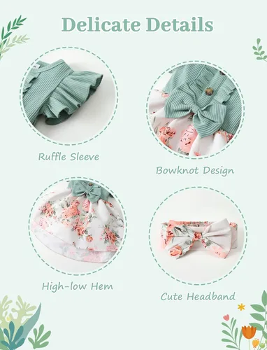 Vista 5 de Vestido de niña recién nacida, floral, manga con volantes, casual, vestido de playa, vestido de princesa con falda de princesa, vestidos de verano