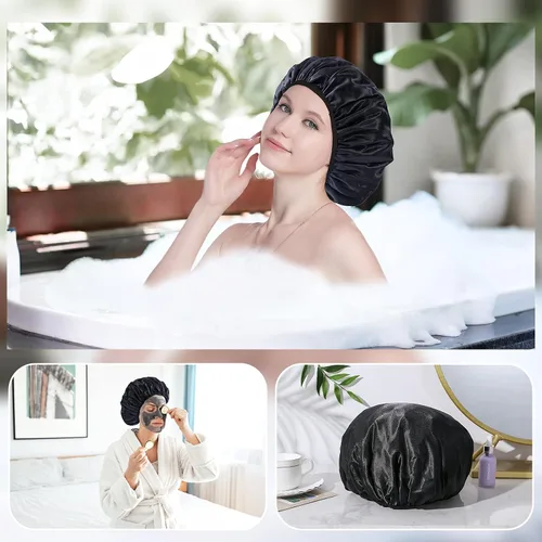Vista 5 de YIZIJIZI Gorro de ducha con forro de rizo, gorro grande de tres capas para mujer, gorro de ducha reutilizable e impermeable, para cabello largo