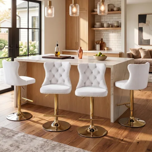 Vista 240 de SoarFlash Juego de 2 taburetes de bar tapizados de terciopelo moderno con patas de madera, botones acolchados, cabeza de clavo cromada, asiento