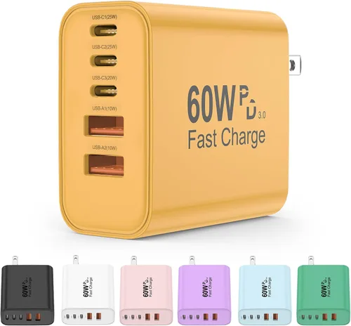 Vista 8 de Bloque de cargador USB C, bloques de carga 5 en 1 de 60 W, cargador rápido PD 3.0, enchufe de pared negro QC 2A, bloque de carga multipuerto tipo C