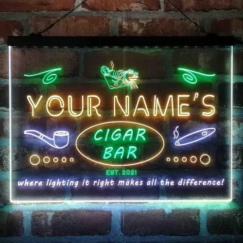 Vista 15 de Personalized Cigar Bar Lounge Tri-Color LED Neon Light Sign Customize Name Date Text Quote Font Green & Red & Yellow 13 x 8.7 Inches