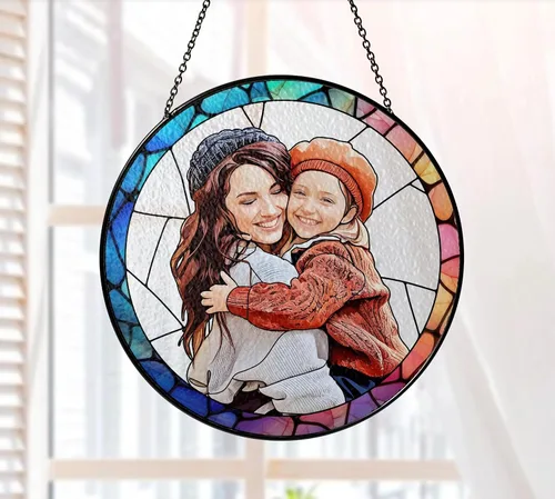 Vista 2 de Atrapasoles personalizado para mamá y abuela con foto, atrapasoles de vidrieras para abuela, colgante de ventana de vidrio teñido personalizado
