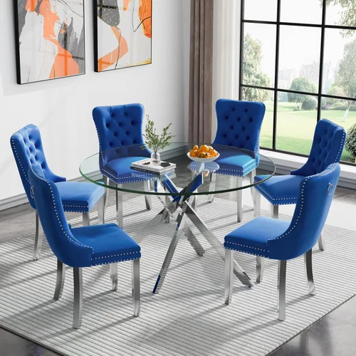 Vista 76 de Juego de mesa de comedor de cristal plateado moderno de 47 pulgadas para 2, juego de mesa de comedor de cocina redonda de 3 piezas con patas