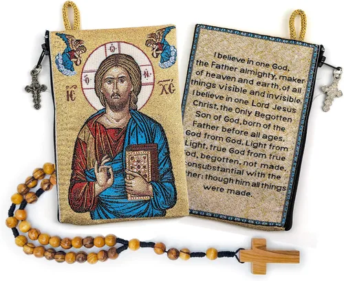 Vista 18 de Bolsa de rosario con cuerda católica de madera de olivo, rosario de Israel, Jesús Rey del Universo y creo en Dios, tela tejida, estilo tapiz, bolsa