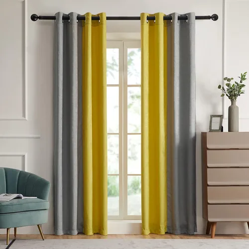 Vista 13 de PRIMROSE Cortinas de lino azul marino amarillo de 63 pulgadas de largo para sala de estar, juego de 2 paneles opacos con aislamiento térmico