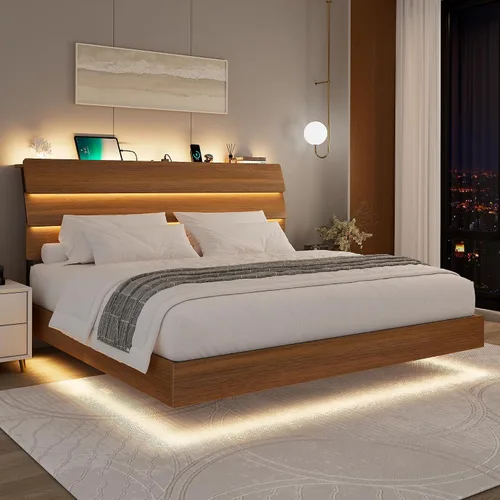 Vista 9 de Feonase Base de cama flotante individual con luces LED y estación de carga, marco de cama de madera tamaño individual con cabecera