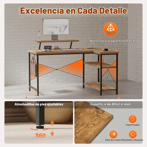 Vista 6 de Mericonia Escritorio para computadora en forma de L con tomas de corriente, escritorio para juegos reversible con estantes de almacenamiento y Marrón