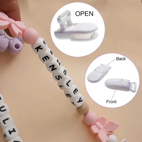 Vista 3 de Clip personalizado para chupete con nombre, soporte para chupete personalizado con nombre, juegos de regalo para bebés recién nacidos (mariposa)