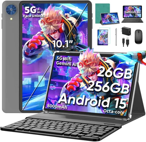Vista 10 de Tablet de 10 pulgadas, tableta Android 15 2026 con teclado, 26 GB+256 GB+2 TB expandir, tabletas PC con Gemini AI, Octa-Core, 8000 mAh, WiFi 5G