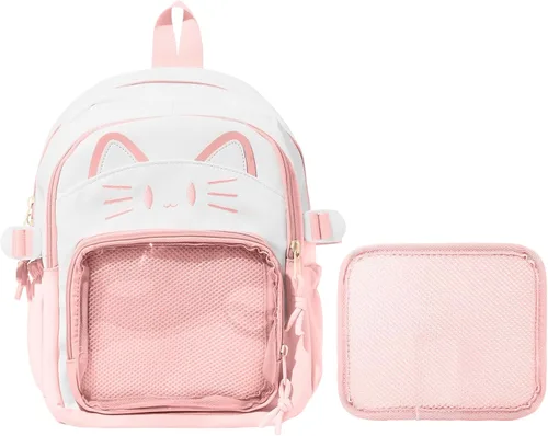 Vista 13 de Bolsa Kawaii Cat Ita, bolso con pines, bolsa con inserto, para uso diario y cosplay, nailon, Negro-blanco, Pequeño, Kawaii
