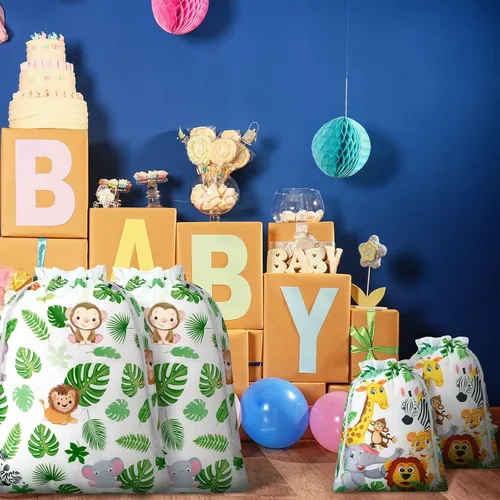 Vista 3 de 4 bolsas con cordón de safari de animales, regalos de selva, regalos de fiesta, bolsas de golosinas para baby shower, revelación de género