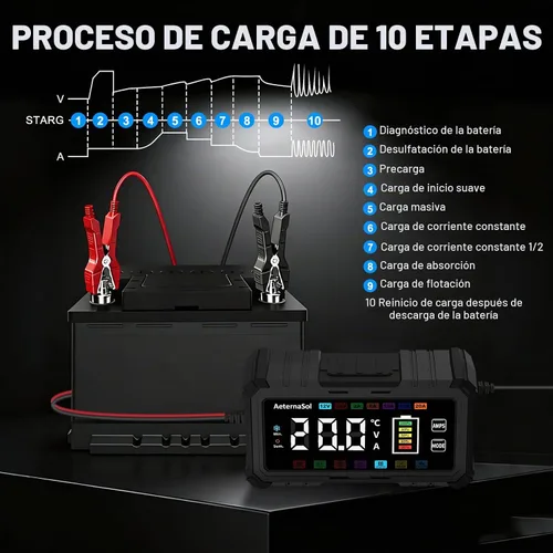 Vista 6 de Cargador de batería de coche inteligente 20A, mantenimiento del cargador de 12V 12A