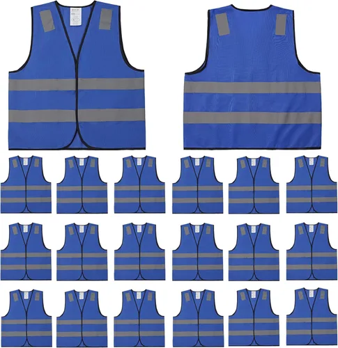 Vista 11 de Chalecos de seguridad azules 10 unidades - Chalecos de alta visibilidad reflectantes para construcción Clase ANSI 2 para hombre, mujer, malla