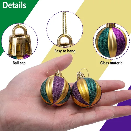 Vista 3 de Watayo 24 adornos de bola con purpurina – Bolas colgantes inastillables de 1.6 pulgadas, bolas de árbol moradas, doradas y verdes para fiestas