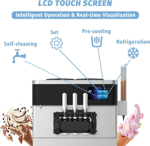 Vista 7 de Máquina comercial para hacer helados, 110 V, 2200 W, 3 sabores para encimera, suave, 5,3 a 7,4 galones/H, preenfriamiento, pantalla táctil LCD
