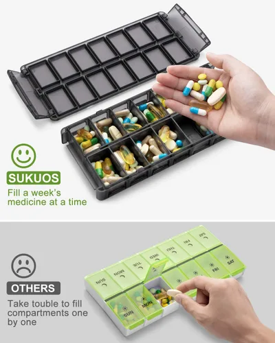 Vista 4 de Sukuos - Organizador semanal de pastillas de 7 días y 2 veces al día, pastillero diario de llenado rápido (AM PM), pastilleros extra grandes