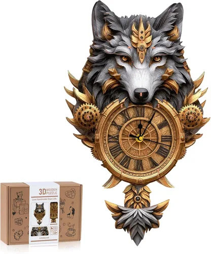 Vista 16 de Rompecabezas de madera 3D para adultos, rompecabezas 3D reloj bulldog (con péndulo) 32 piezas, rompecabezas de madera para principiantes