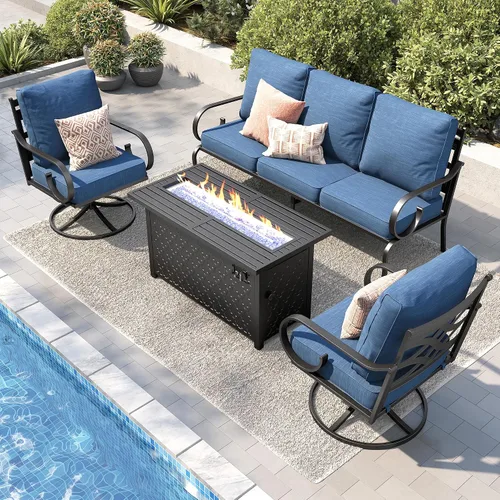 Vista 9 de PHI VILLA Patio Furniture Set with 4 Rocking Chairs & Fire Pit, Beige