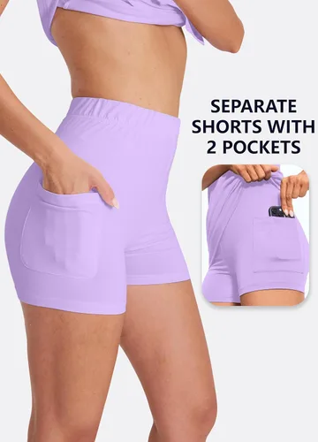 Vista 4 de Hiverlay Vestido de tenis para mujer con pantalones cortos debajo y bolsillos, cuello en V, sin mangas, para deportes, atletismo, entrenamiento, sin