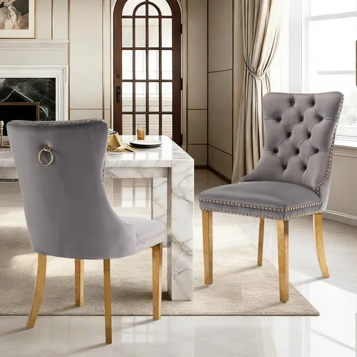 Vista 17 de Juego de 2 sillas de comedor de terciopelo con patas de madera, color beige Mid Century Modern Dining Chairs,Upholstered Chairs with Nailhead