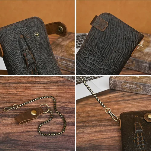 Vista 6 de Genuino caballo loco cuero viaje regalo moneda bolsillo tarjeta caso largo organizador cadena Rfid monedero con broche para hombres hombres 1088