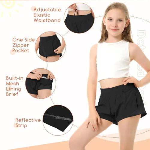 Vista 3 de Pantalones cortos deportivos para niñas, de secado rápido, con bolsillo con cremallera, para adolescentes y niños, pantalones cortos deportivos