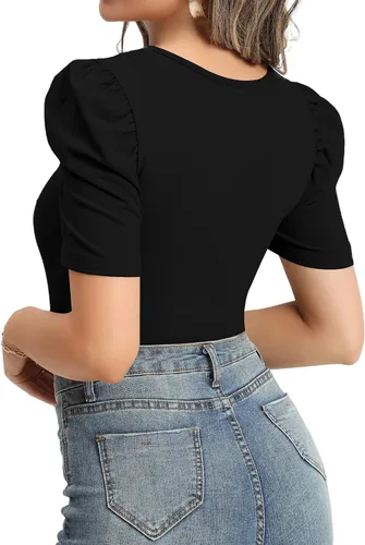Vista 3 de MANGOPOP Camiseta elegante de manga larga con cuello cuadrado y manga corta para mujer