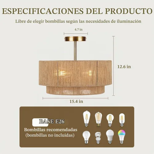Vista 2 de Lámpara de techo semiempotrada de 16'', accesorios de iluminación bohemios, lámpara de techo empotrada de cuerda de cáñamo costera de 3 luces