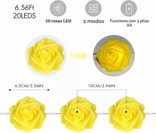 Vista 2 de VIPMOON Guirnalda de luces de rosas de 6.6 ft, 20 LED, funciona con pilas, luces románticas brillantes y cálidas, lámpara de hadas para el día