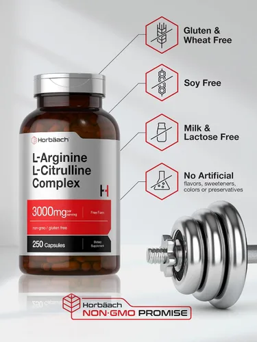 Vista 9 de Horbäach L-Arginina L-Citrulina Complejo 3000mg 250 Cápsulas Suplemento sin OMG, sin gluten Suplemento sin OMG, sin gluten