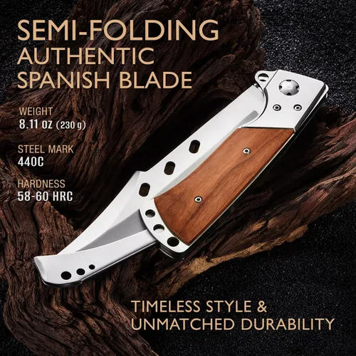 Vista 3 de Grand Way Cuchillo plegable de hoja larga – Cuchillos afilados para caza, senderismo, campamento, supervivencia táctica y trabajo para hombres