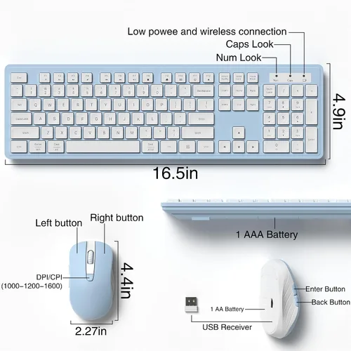 Vista 6 de MPTOG Combo de teclado y mouse inalámbricos, teclado de oficina de tamaño completo de 104 teclas con 15 teclas de función, teclado numérico