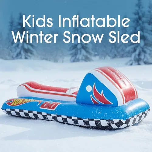Vista 4 de FUNBOY & Barbie 50" Kids Inflatable Skimobile Winter Snow Sled, 1-2 Riders with Grooved Rubber Base Tracks Azul