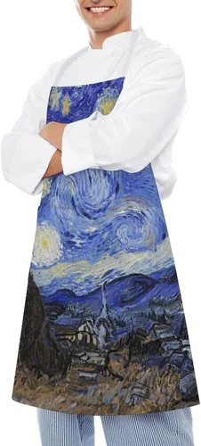 Vista 4 de MUSM Apron for Adults - 27.6 X 31.5 Inch, Heavy-Duty Polyester Aprons with Two Large Pockets, Waterproof The Starry Night Kitchen Apron for Cooking