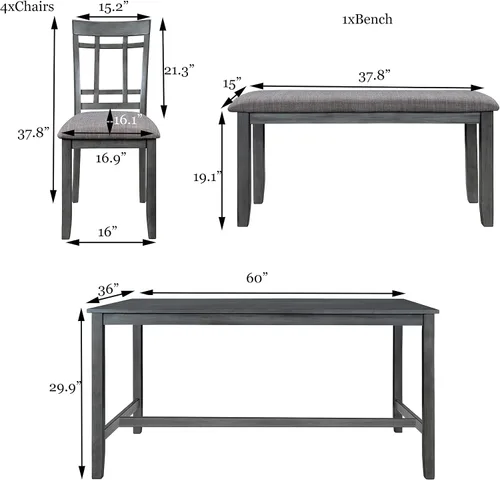Vista 4 de Juego de mesa de comedor de madera de 6 piezas, juego de mesa de cocina con rectangular, juego de mesa de comedor con banco tapizado y 4 sillas