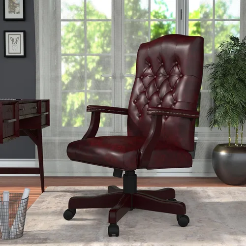 Vista 2 de Boss Office Products Silla clásica ejecutiva Caressoft con acabado de caoba en Borgoña, respaldo alto (B905-BY)